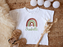 Load image into Gallery viewer, Personalised Childrens Rainbow T-Shirt / Rainbow Name Personalised Shirt / Leopard Print Shirt / Embroidered Rainbow Tee
