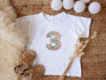 Load image into Gallery viewer, Personalised Childrens Birthday T-Shirt / Liberty Number tshirt / Floral Kids Top
