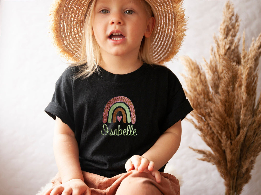 Personalised Childrens Rainbow T-Shirt / Rainbow Name Personalised Shirt / Leopard Print Shirt / Embroidered Rainbow Tee